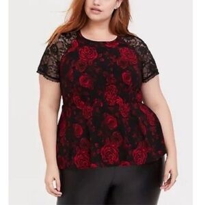 Torrid Roses Peplum Short Lace Sleeve Top - Size 2X